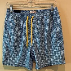 J. Crew Blue Geometric Swim Trunks with Yellow Drawstring